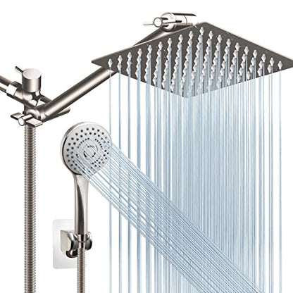 Shower Head Combo(Brushed Nickel),8 Inch High Pressure Rain Shower Head with 11 Inch Adjustable Extension Arm and 5 Settings Handheld Shower Head Combo,Powerful Shower Spray Against Low Pressure Water - color: Brushed Nickel, size: 8" Showerhead Set
