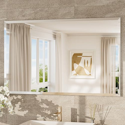 48x30 Frameless Bathroom Mirror Rectangle, Tempered Beveled Mirror for Bathroom Vanity with 1" Beveled Edge, Shatterproof Modern Wall Mirrored for Living Room, Entryway, Restroom - size: 30"L x 48"W, style: Beveled