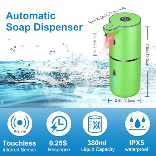 OHIFAST Automatic Liquid Soap Dispenser Touchless, USB Rechargeable Smart Hand Soap Dispenser, 6-Level Adjustable, 12.8oz/380mL Wall Mounted for Bathroom Kitchen Accessories Dish Soap-Green - color: Green, style: Liquid