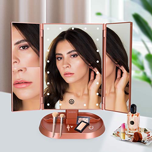 Trifold Lighted Vanity Makeup Mirror with 21 LEDs Lights,1x/2x/3x Magnification and Touch Screen Dimming,Two Power Supplies Makeup Mirror, Gift for Women - color: Rose Gold