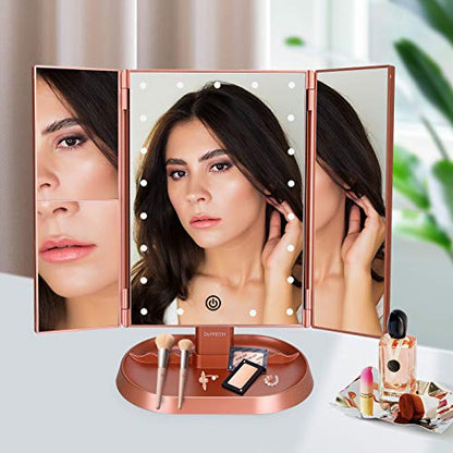 Trifold Lighted Vanity Makeup Mirror with 21 LEDs Lights,1x/2x/3x Magnification and Touch Screen Dimming,Two Power Supplies Makeup Mirror, Gift for Women - color: Rose Gold