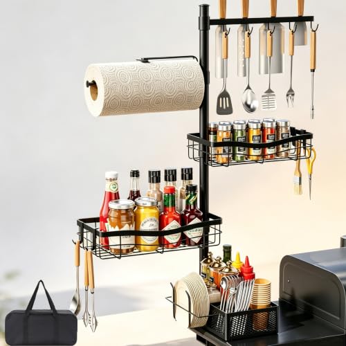 DAOYA Griddle Caddy Organizer for Blackstone Grill Caddy for Outdoor Grill | Adjustable Seasoning Holder, Plate Storage Rack, Windproof Paper Towel Holder, BBQ Tool Rack, Storage Bag, for Husband & Dad