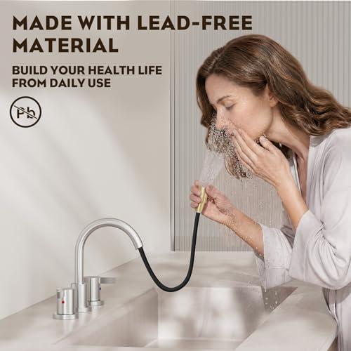 Pull Down Sprayer Brushed Nickel Widespread Bathroom Sink Faucet, 8 Inch 2 Handles 3 Hole Pull Out Bathroom Faucet,with Pop Up Drain and Water Supply Line,BF04022-K01-GBN - color: Brushed Nickel