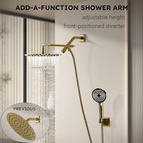 TRUSTMI 10 Inch Shower Arm Extension Front-Handle 3-Way Diverter, Shower Head Combo Adjustable Height Arm Mount, Polished Gold - color: Polished Gold