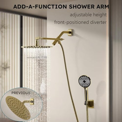 TRUSTMI 10 Inch Shower Arm Extension Front-Handle 3-Way Diverter, Shower Head Combo Adjustable Height Arm Mount, Polished Gold - color: Polished Gold