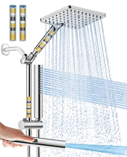 Filtered Shower Head with Handheld Spray Combo High Pressure Rain Shower Head Dual Shower Head with Filters - Removes Chlorine Height Adjustable & Built-in Power Wash - color: Premium Chrome, style: Filtered