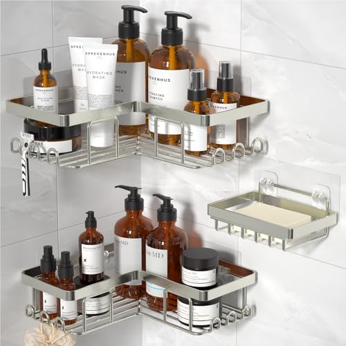 YASONIC Corner Shower Caddy, 3-Pack Adhesive Shower Caddy with Soap Holder and 12 Hooks, Rustproof Stainless Steel Bathroom Organizer, No Drilling Wall Mounted Shower Rack, Nickel - color: Nickel