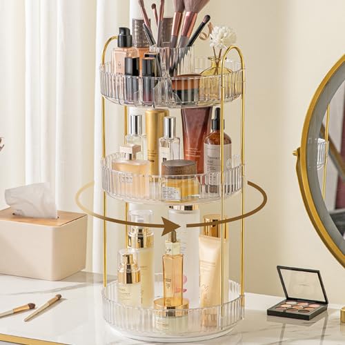 Aveniee 360° Rotating Makeup Organizer for Vanity, Perfume Skincare Bathroom Countertop Organizers, 3 Tier Spinning Skincare Storage with Brush Holder for Lipstick Cosmetic Lotion,White - color: Pearl White, size: New-3 Tier