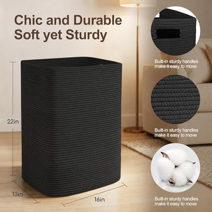Large Laundry Hamper 16"x13"x22" - Tall Woven Laundry Basket, Cotton Rope Dirty Clothes Hamper, Baby Kids Nursery Wicker Laundry Basket, Bedroom Aesthetic, Soft Laundry Bin, Black Hamper, 75L - color: Black