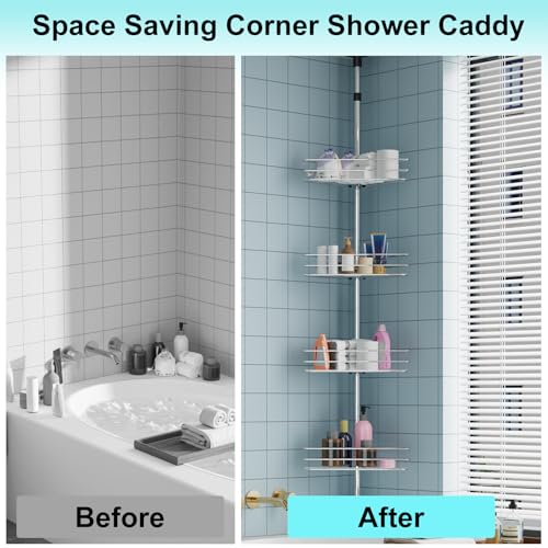 Adjustable Shower Caddy Corner for Bathroom, 4-Tier Rustproof Bathroom Organizer Shelves with Tension Pole, Floor Standing Bath Rack for Bathtub Shampoo Storag, Silver