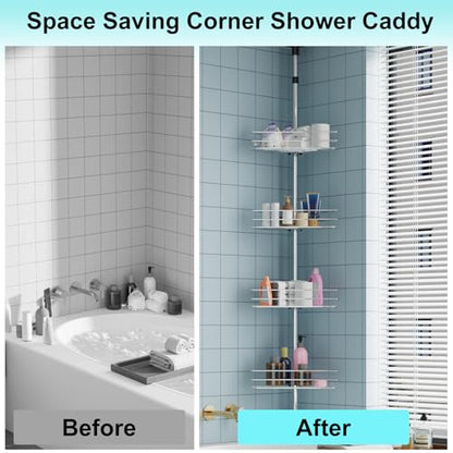 Adjustable Shower Caddy Corner for Bathroom, 4-Tier Rustproof Bathroom Organizer Shelves with Tension Pole, Floor Standing Bath Rack for Bathtub Shampoo Storag, Silver