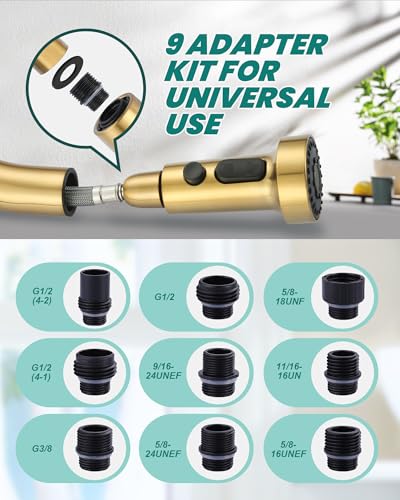 Pull Down Faucet Head Replacement: 3-Function Kitchen Faucet Head with 9 Adapters - Brushed Gold Kitchen Sink Spray Replacement Compatible with Moen, Delta, American Standard Faucets - color: Brushed Gold