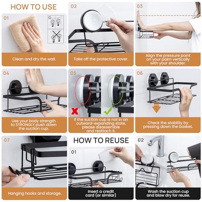 Shower Caddy Suction Cup, 2 Pack Shower Shelves for Inside, Black | Metal Bathroom Storage, NO-Drilling Bathroom Organizer, Heavy Duty Shower Basket - color: 2 X Black Basket