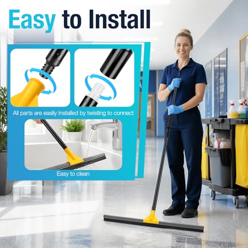 SOBONNE 24" Floor Squeegee for Concrete Floor Water Removal | Heavy Duty Large Rubber Squeegee Broom/ 57" Long Handle for Tiles Window Shower Garage Patio Deck Pool/Yellow - size: 24 Inch Floor Squeegee