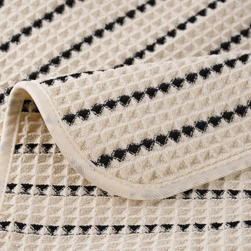POLYTE 430 GSM Poly Blend Microfiber Quick Dry Waffle Hand Towel, 16x30 in | 4 Pack, Oversize, Lint Free, Quick Dry, Hanging Loop - color: Light Beige/Black