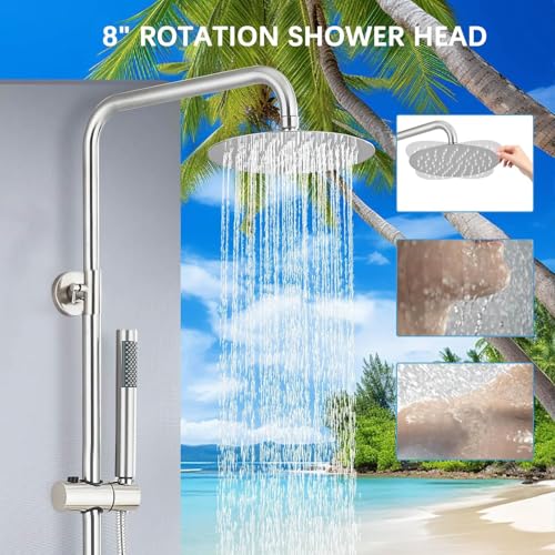 Rain Shower System Outdoor Shower Fixtures with 8" Rain Shower Head Handheld Sprayer Single Handle Wall Mounted Bathroom Shower Faucet Set Brushed Nickel for Bathroom or Backyard - color: ‎Brushed Nickel, style: Two Modes