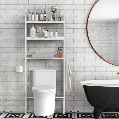 Over Toilet Bathroom Organizer with Toilet Paper Holder | White Over the Toilet Shelf, Over the Toilet Storage Cabinet, Heavy Duty Metal 3 Tier Bathroom Organizer Shelf with 3 Hooks - color: White