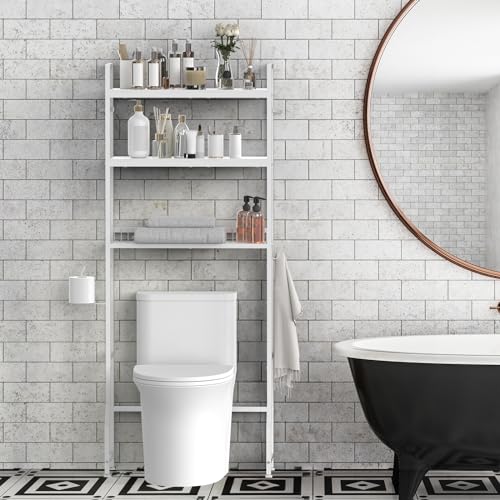 Over Toilet Bathroom Organizer with Toilet Paper Holder | White Over the Toilet Shelf, Over the Toilet Storage Cabinet, Heavy Duty Metal 3 Tier Bathroom Organizer Shelf with 3 Hooks - color: White