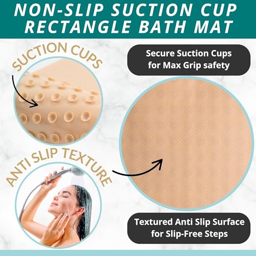 ENKOSI Bath Mat for Bathtub and Shower Floors - Non Slip Shower Mat – Anti Slip Tub tub Mat with Strong Suction Cup Grip – Soft, Beige Bathroom Mat for Inside Baths and Showers (28x16 Beige) - color: Beige