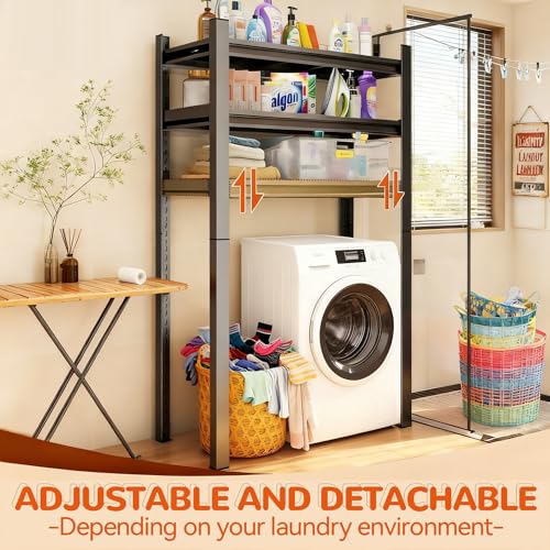 Height-Adjustable Bathroom & Laundry Storage Shelf, 3-Tier Metal Organizer Rack for Washer Dryer, Sturdy Shelving Unit for Bathroom Essentials, 63" H x 35.4" W x 13" D Inches - size: 63"Hx 35.4"W x13.8"D