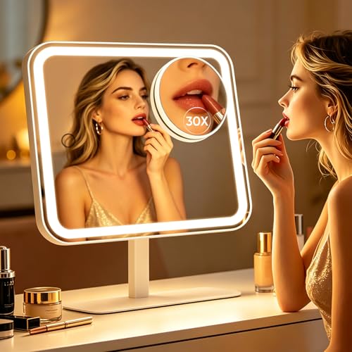 FUNTOUCH 4500mAh Large Lighted Vanity Makeup Mirror with 30X Magnifier | 96 LED Lights Rechargeable 12.1"x 10.2"Large Size,3 Lighting Modes,Adjust Brightness & 360°Rotation,Women's Gift,for Bedroom - color: White a