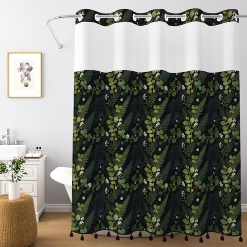 Botanical Shower Curtain with Snap in Liner & Tassels, 71x77 Inch | No Hook Needed & Mesh Top, Double Layer Waterproof Fabric, Dark Green Jungle Plant Leaf Design for Modern Farmhouse Bathroom - color: Dark Green Botanical