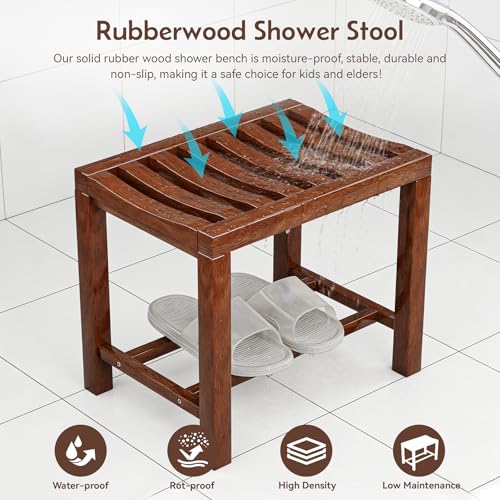 Rubber Wood Shower Bench, Non-Slip Waterproof Wooden Shower Stool for Adults & Elderly, Sturdy Bath Seat for Inside Shower or Tub – 20.08" D x 14.96" H x 6.3" W - size: 20.08"