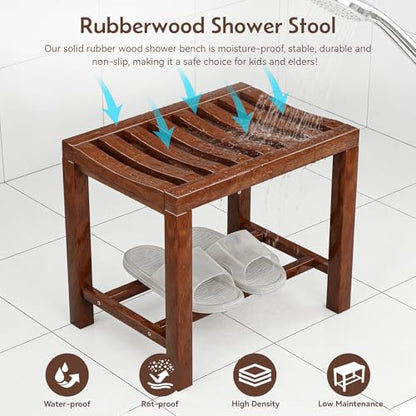 Rubber Wood Shower Bench, Non-Slip Waterproof Wooden Shower Stool for Adults & Elderly, Sturdy Bath Seat for Inside Shower or Tub – 20.08" D x 14.96" H x 6.3" W - size: 20.08"