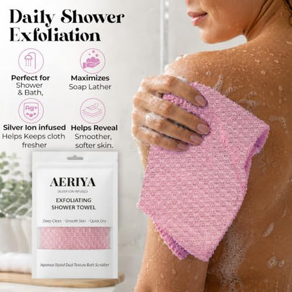Exfoliating Washcloth – Long Japanese-Style Back Scrubber for Shower, 2-Sided Body Scrub Exfoliating Towel, Quick Dry Bath Cloth for Women, Pink - color: Pink