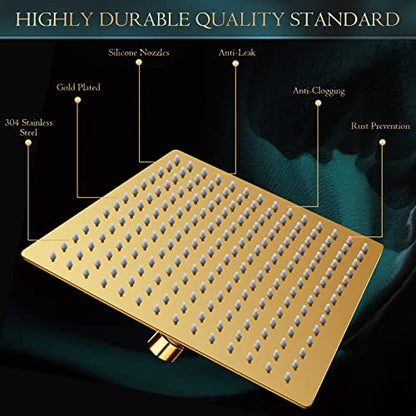 Shower Head,12'' Rain Shower Head with 11'' Extension Arm,Brushed Gold | 5 Settings High Pressure Handheld Shower Head Combo,Adjustable Powerful Shower Spray Against Low Pressure Water - color: Gold, size: 12" Showerhead Set