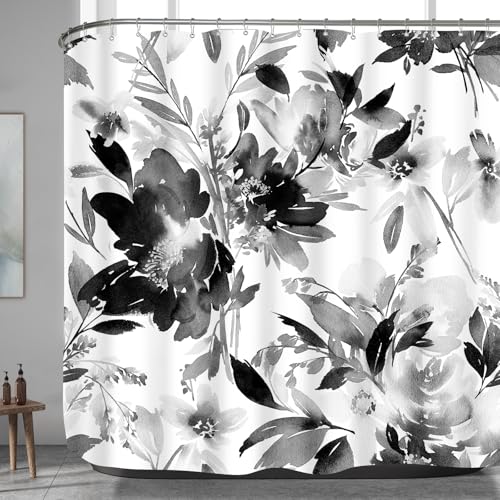 Extra Wide Flower Shower Curtain 108x72 for Claw Foot Tub, Black and White | Modern Watercolor Floral 108 inch Long Shower Curtain Set with 18 Pack Plastic C-Hooks - color: Black, size: 108"W x 72"L (Pack of 1)