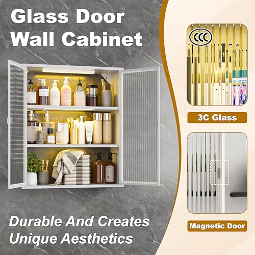Metal Bathroom Cabinet Wall Mounted,Hanging Medicine Cabinets with 2 Glass Doors,White 3-Tier Over The Toilet Wall Storage Cabinet,Wall Cabinet for Bathroom Laundry Room Kitchen - color: White New
