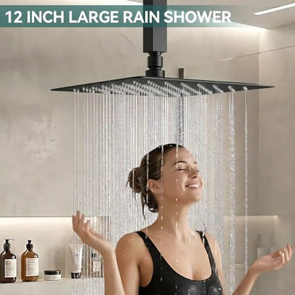 Shower System Shower Faucet Set, STARBATH 12" Ceiling Mount Rain Shower Head and Handheld Spray for Two Person, Rainfall Shower System with Diverter Valve and Trim Kit Complete，Matte Black - color: Matte Black, size: 12"-2