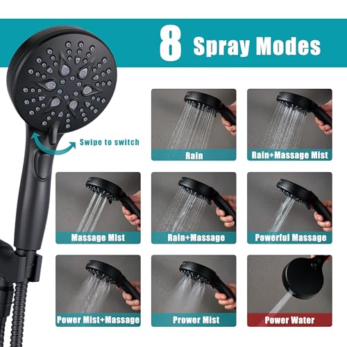 GwernKB Handheld Shower Head with ON OFF Switch & 79in Stainless Steel Hose | Built-in Power Spray,7-Setting High Pressure Spray with Bracket & Extra No Drilling Wall Shower Holder for Lower Mount,Black - color: Matte Black