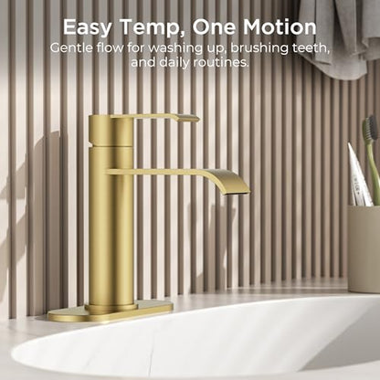 FORIOUS Brushed Gold Bathroom Faucet Single Hole, Gold Waterfall Faucet | 1 Hole Waterfall Bathroom Faucet Gold, Single Handle Gold Vanity Faucet for Bthroom Sink One Hole with Deck Plate and Drain - color: Brushed Gold