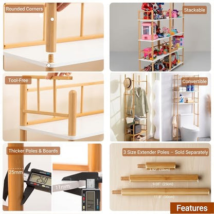 5-Tier Expandable Freestanding Open Bamboo Book Shelf - No-Tool Assembly & Modular,Bathroom Storage Shelf Unit Plant Stand for Small Space, Bedroom, Living Room, Home Office (White, 5-Tier WithRail) - color: White 5-tier-2