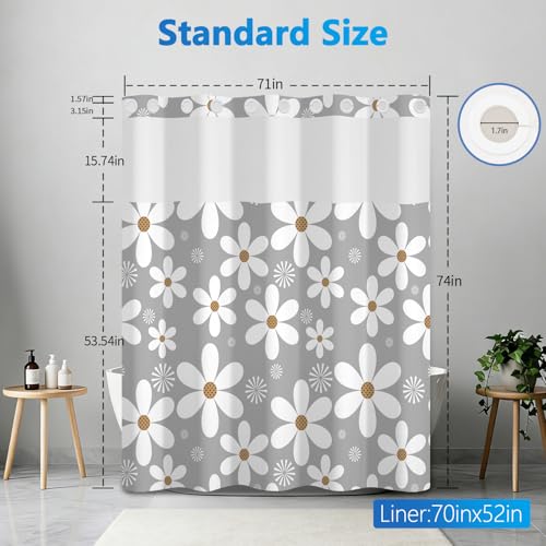 No Hook Shower Curtain and Liner Set, Grey and White Floral Shower Curtain with Snap in Liner and Mesh Top Window, Waterproof Shower Curtains with Weighted Hem for Bathroom and Hotel, 71x74 Inches - color: White Daisies