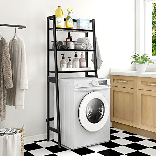MallKing Over-The-Toilet Storage Rack, Wooden 3-Tier Over-The-Toilet Storage Rack Bathroom Space Saver Organizer, Freestanding Above Toilet with Toilet Paper Holder and Hooks (Black)
