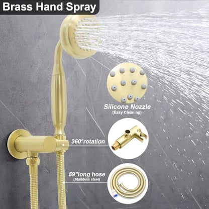Enga Brushed Gold Antique Brass Tub Shower Faucet Fixture Shower System, 8inch Wall Mount Rain Shower with Spout and Hand Spray - color: Brushed Gold, style: 8" Head + Tub