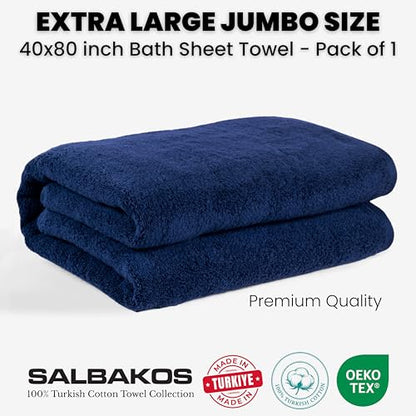 SALBAKOS Luxury 100% Turkish Cotton Bath Sheet 40x80 (1-Piece, Navy Blue) | Extra Large Jumbo Oversized Bathroom and Beach Towel, Super Soft Highly Absorbent Thick Premium Hotel Quality, Made in Turkey - color: Navy, size: Jumbo Bath Sheet
