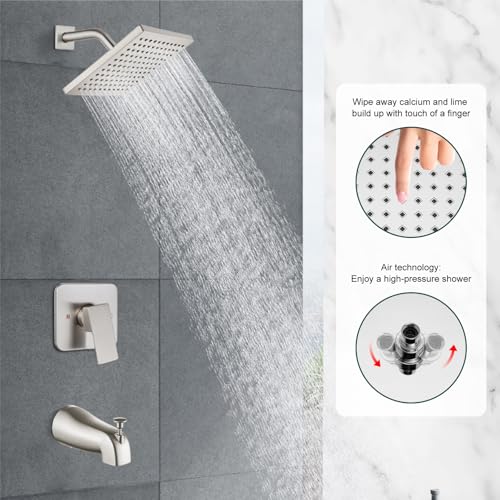 Heyalan 8-Inch Shower Faucet Set with Tub Spout and Valve,Brushed Nickel | 8-inch square rainfall head, tub spout with diverter, male-thread rough-in valve, single-handle control and wall-mount design - color: Brushed Nickel, size: 8 Inch Square Shower He