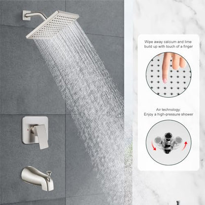 Heyalan 8-Inch Shower Faucet Set with Tub Spout and Valve,Brushed Nickel | 8-inch square rainfall head, tub spout with diverter, male-thread rough-in valve, single-handle control and wall-mount design - color: Brushed Nickel, size: 8 Inch Square Shower He