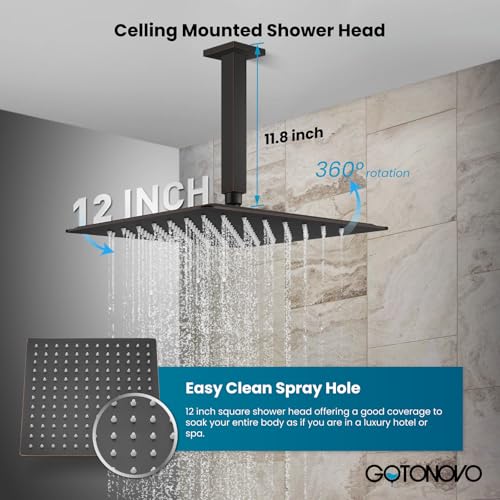 gotonovo Ceiling Shower System with Handheld Oil Rubbed Bronze,12 inch Head | Ceiling Mount Bathroom Shower Faucet Set,SUS304 Rainfall Head and Handle Set Combo,Brass Valve Trim Kit,All Metal - color: Bronze, size: 12 inch Head