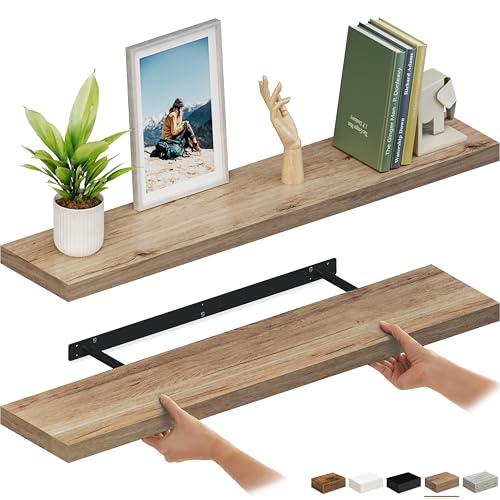 Ballucci Floating Shelves for Wall, 48" Wood Wall Shelf Set of 2, with Invisible Brackets for Bathroom, Living Room, Bedroom, Kitchen, Nursery, 8" Deep, Oak Finish - color: Natural Oak, size: 47.2 inches