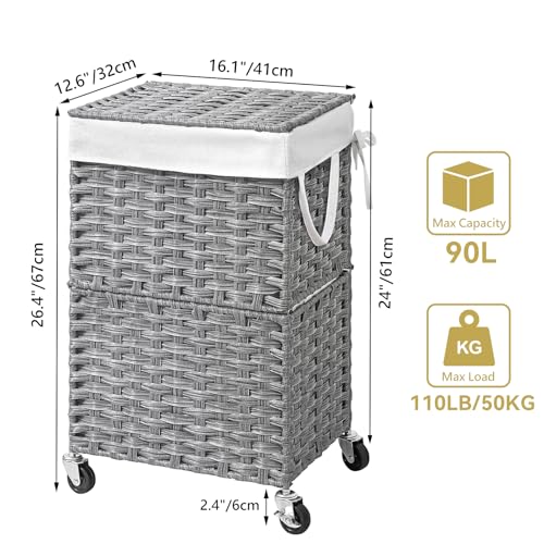 Chrislley Wicker Laundry Basket with Wheels,Rolling Laundry Hamper with Lid | 90L Slim Clothes Hamper with Wheels & Removable Liner Bag, Handwoven Rattan Laundry Organizer for Bedroom, Bathroom, Grey - color: Grey