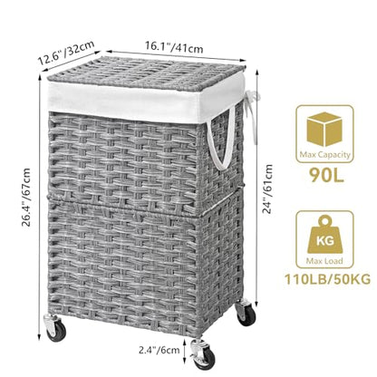 Chrislley Wicker Laundry Basket with Wheels,Rolling Laundry Hamper with Lid | 90L Slim Clothes Hamper with Wheels & Removable Liner Bag, Handwoven Rattan Laundry Organizer for Bedroom, Bathroom, Grey - color: Grey