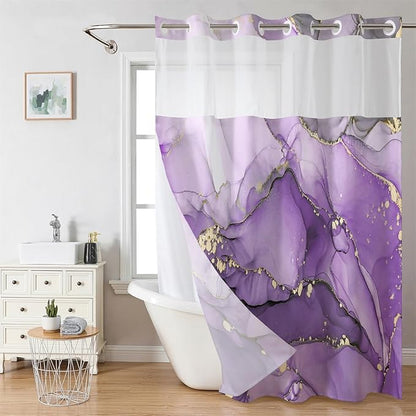 Purple Marble No Hook Shower Curtain with Snap in Liner- Luxury Marble Shower Curtains for Bathroom- Fabric Inner Liner, Modern Abstract Gold Stripes Bath Curtains- Machine Washable,71 x 74 - color: Purple Marble