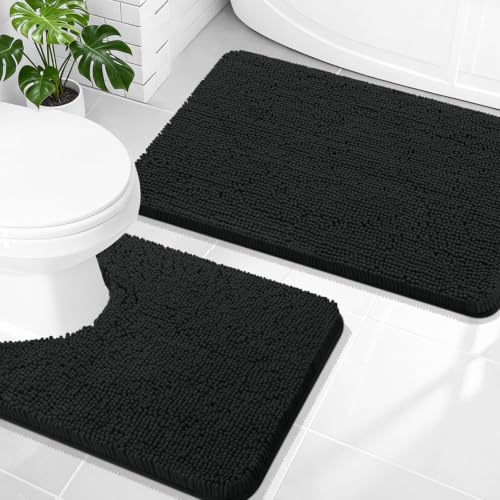 OLANLY Bathroom Rugs Sets 2 Piece, Soft Absorbent Chenille Bath Mats and U-Shaped Contour Toilet Mat Area Rug Set, Machine Washable Bath Carpet, Home Decor Accessories(30"x20"+24"x20", Black) - color: Black, size: 30" X 20" + U24" X 20"