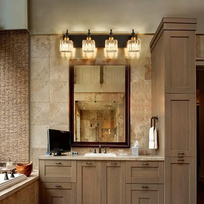 Gold Black Crystal Bathroom Lighting Fixtures, 4 Light Brass Modern Crystal Bathroom Vanity Lights Over Mirror Brass Bath Light - color: Black Gold-Square Shade, size: 4-Light