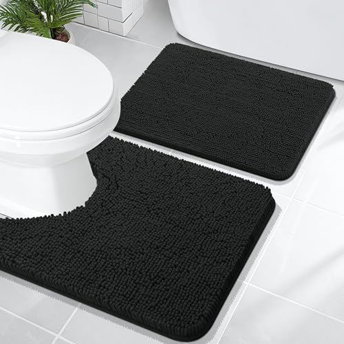 OLANLY Bathroom Rugs Sets 2 Piece, Soft Absorbent Chenille Bath Mats and U-Shaped Contour Toilet Rug, Non-Slip, Machine Washable Bath Carpet, Home Decor Accessories(24"x16"+24"x20", Black) - color: Black, size: 24" X 16" + U24" X 20"